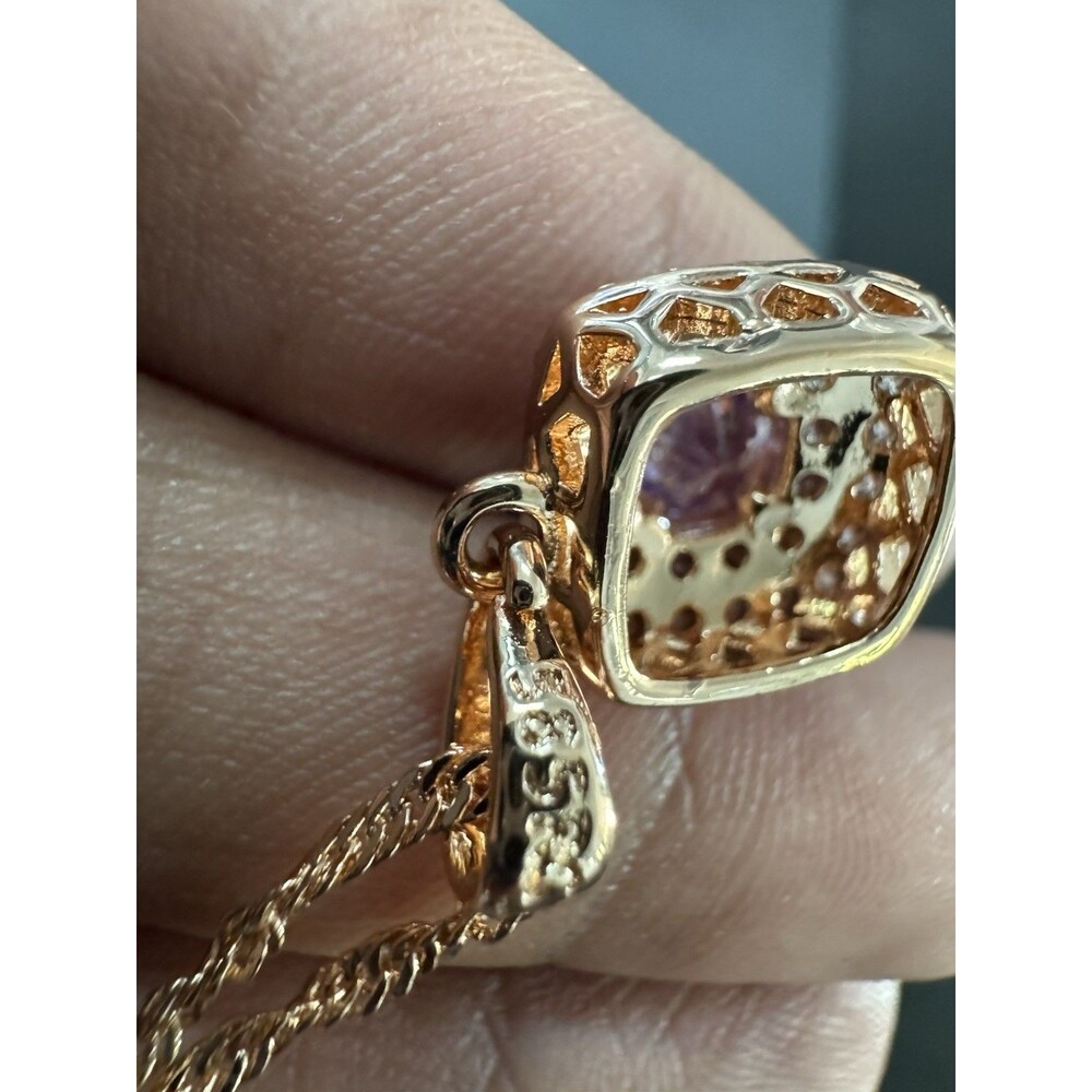585 14K RG Stamped Rolled Gold Purple Crystal Square Pendant 19” Necklace Chain - Picture 4 of 7